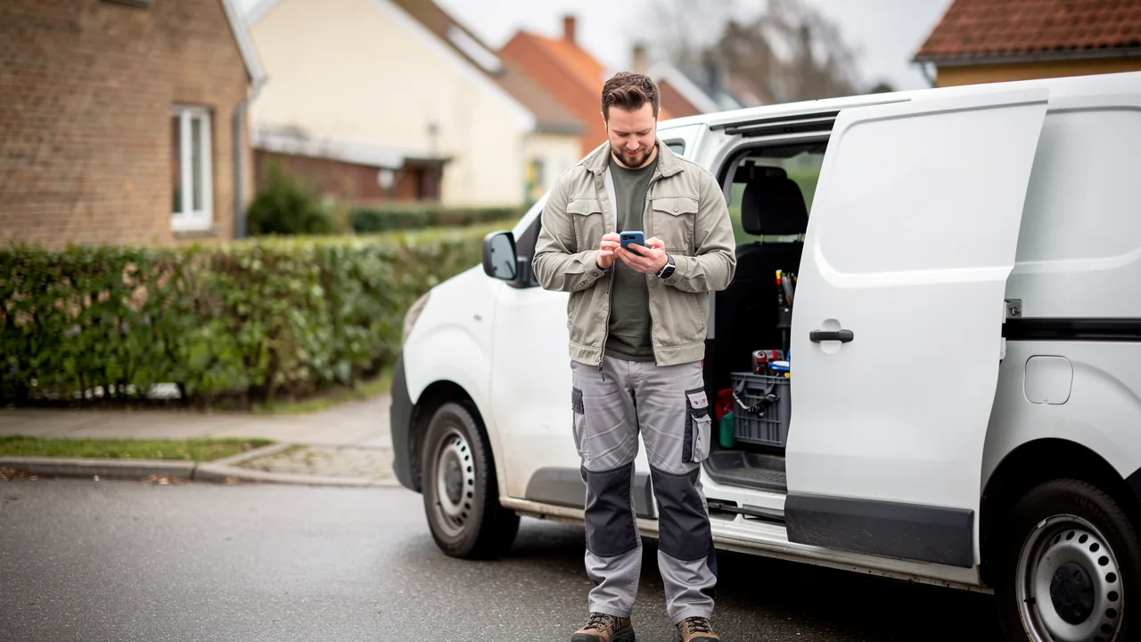 Selvstændig håndværker tjekker beskeder på telefonen ved siden af sin varevogn