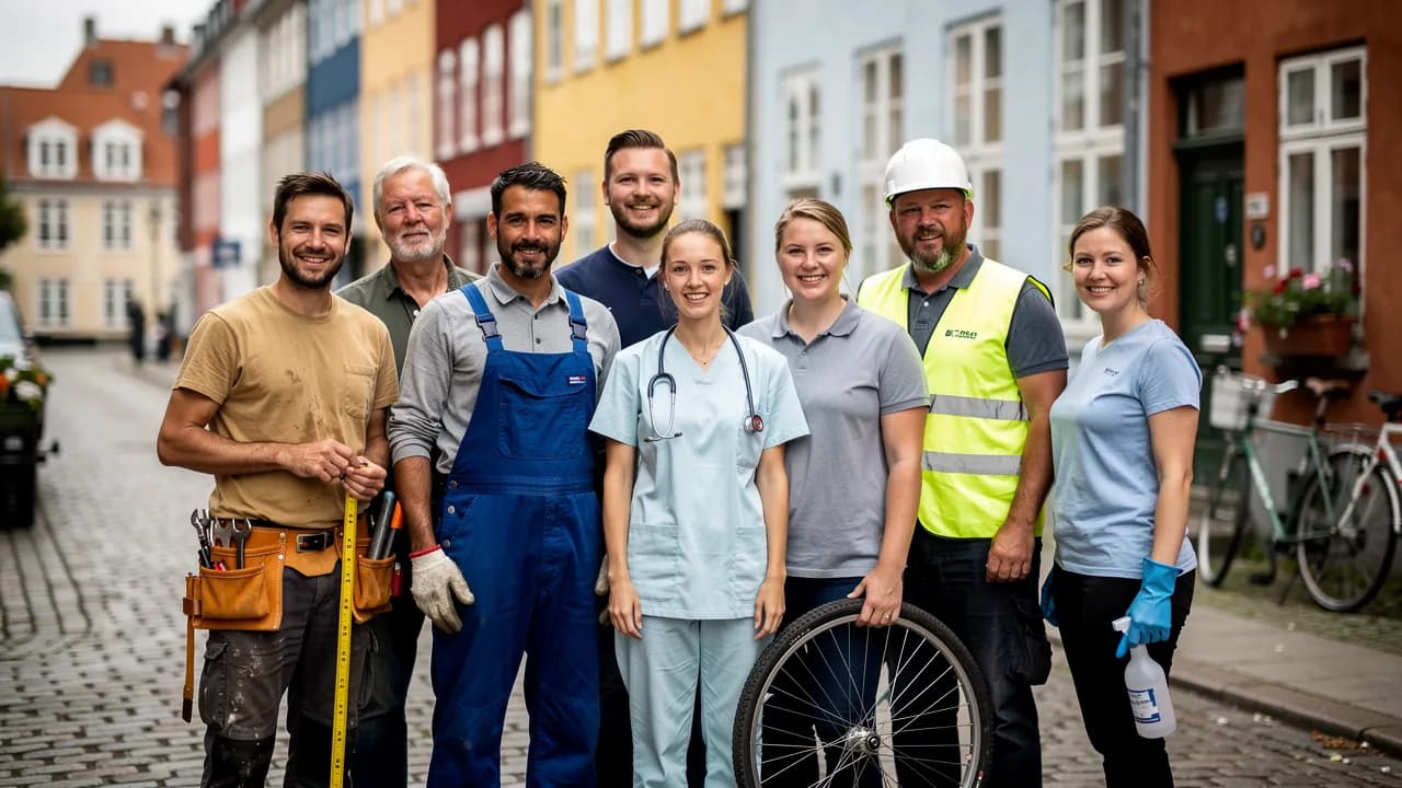Gruppe af håndværkere og servicefolk foran en række rækkehuse