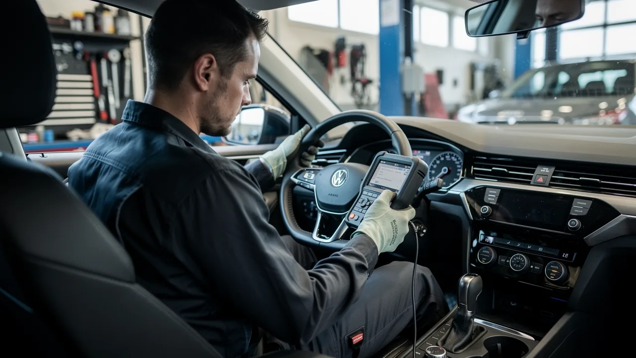 Autoelektriker aflæser fejlkoder med en diagnosetester tilsluttet under instrumentbrættet på en bil