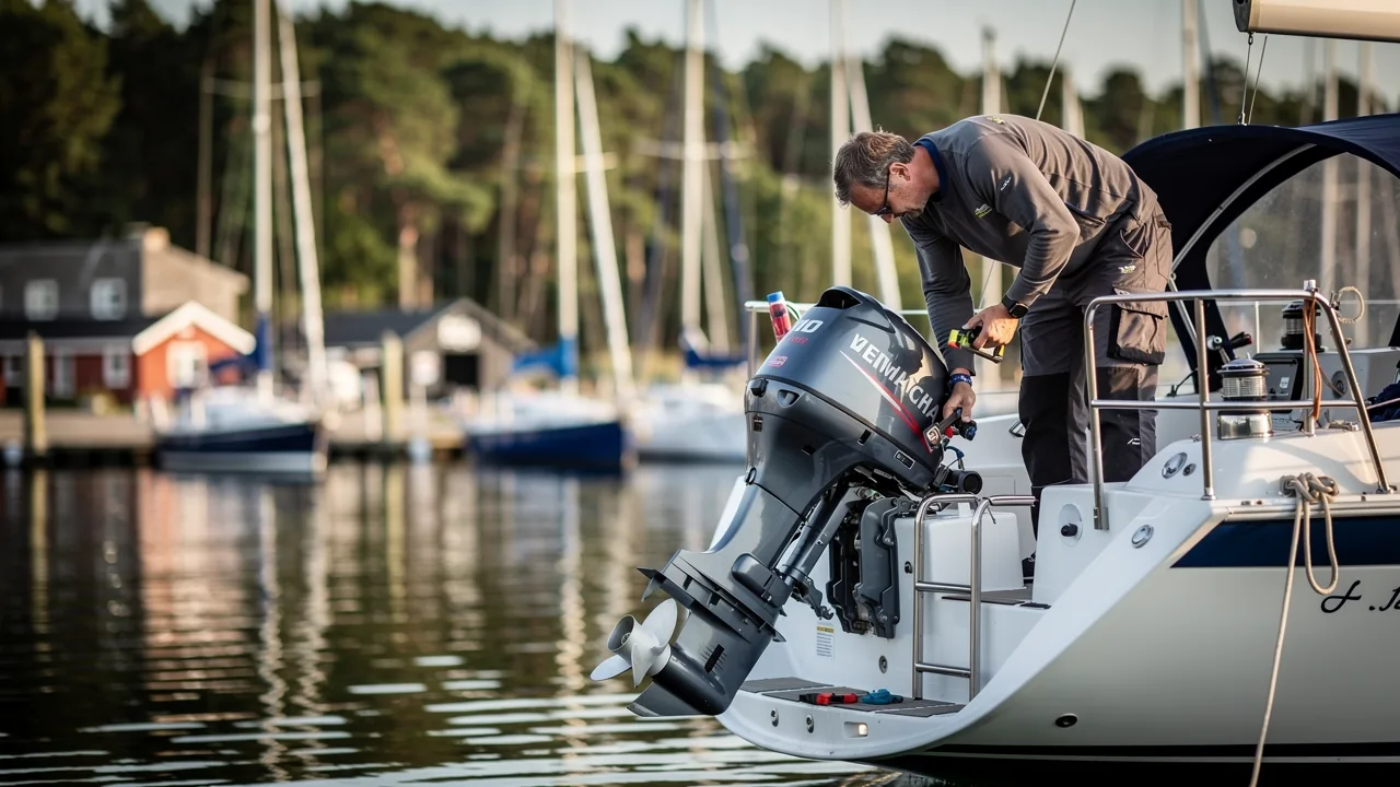 Bådmekaniker skifter impeller på en påhængsmotor på en sejlbåd, der står på vinterplads i en dansk havn