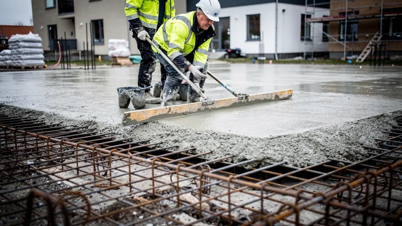 Betonarbejder glitter et nystøbt betongulv i en garage med et langt glittebræt