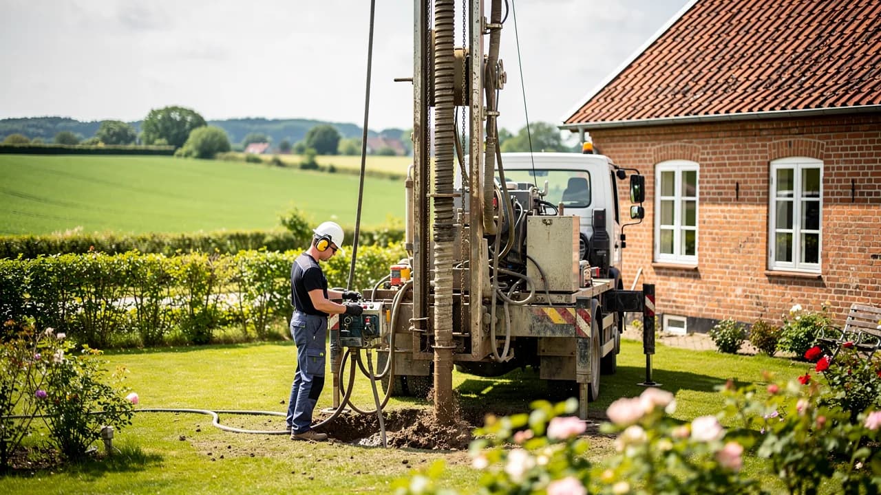 Borerig etablerer en privat vandboring i en dansk have, brøndborer betjener maskinen, marker i baggrunden