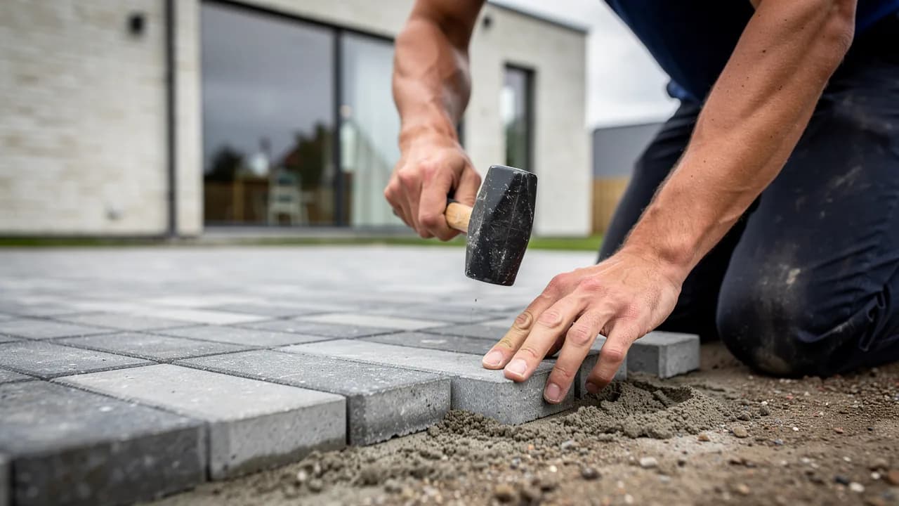 Brolægger banker betonfliser på plads med gummihammer på et afrettet gruslag i en indkørsel