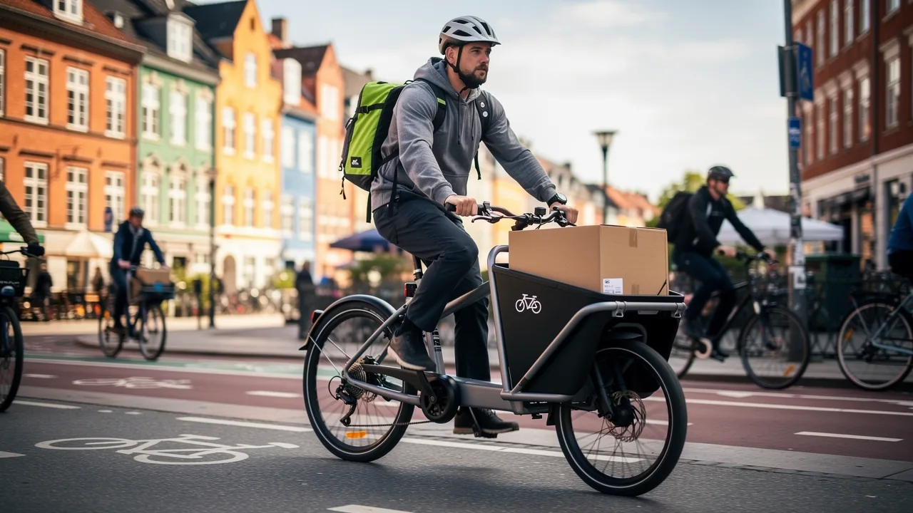 Kurér på elcykel afleverer en pakke på en cykelsti i det centrale København