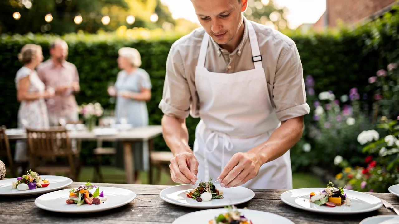 Kok anretter fade med mad til en buffet i et festlokale, før gæsterne ankommer