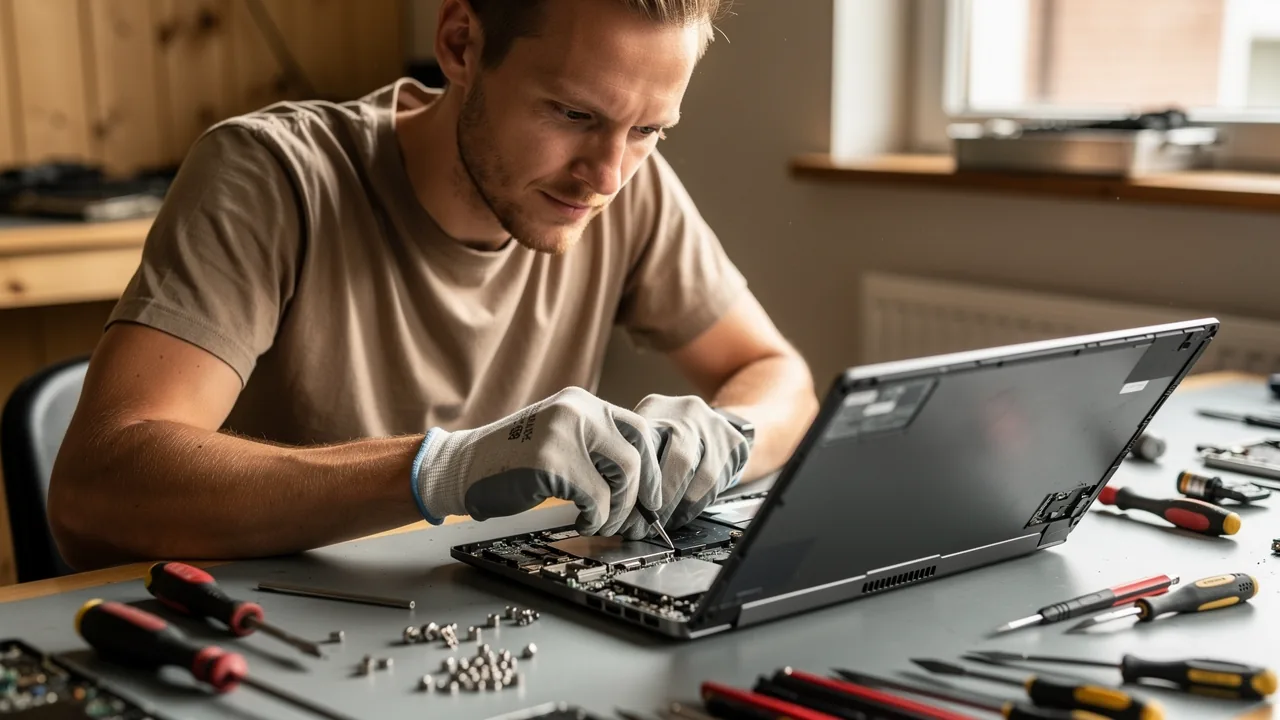 Computertekniker udskifter harddisken med en SSD i en åben bærbar computer på et værkstedsbord