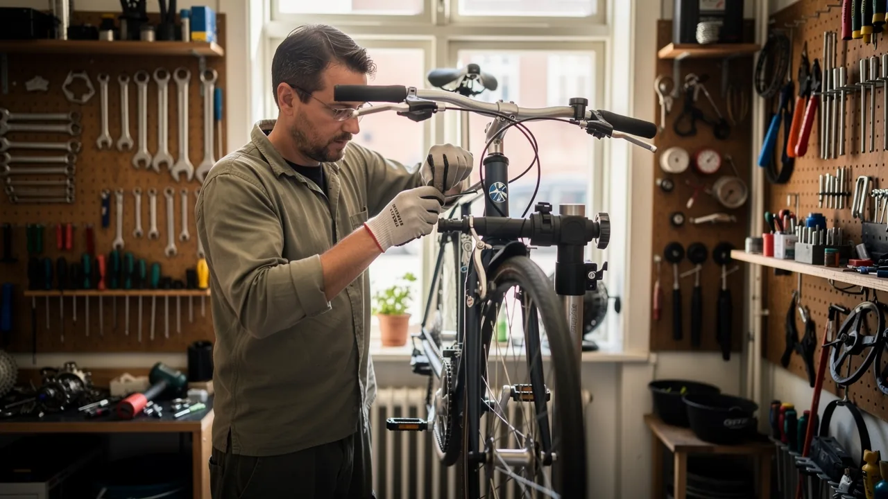 Cykelsmed justerer bagskifteren på en bycykel i et lille værksted med værktøj på væggen