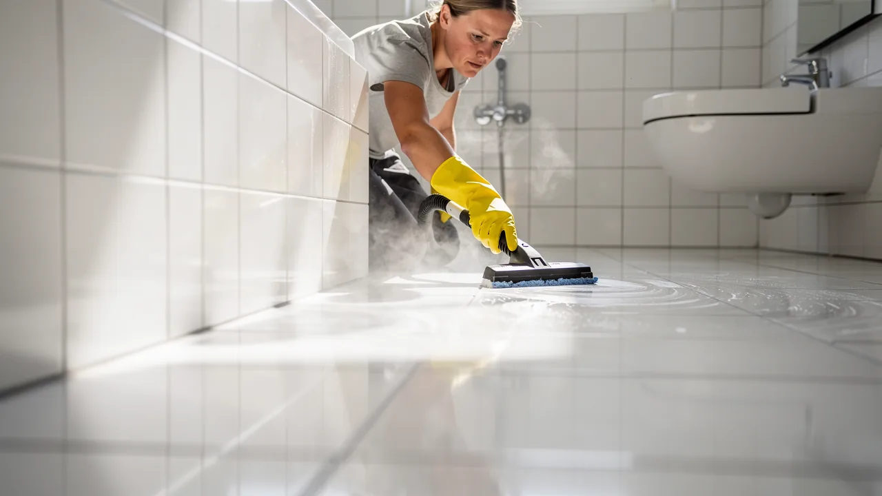 Rengøringsassistent med handsker damprenser hvide fliser i et badeværelse