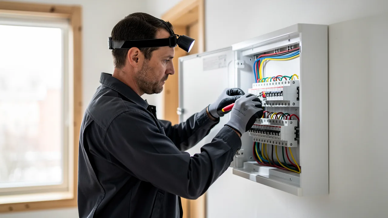 Elektriker monterer en ny gruppetavle med automatsikringer i et dansk parcelhus