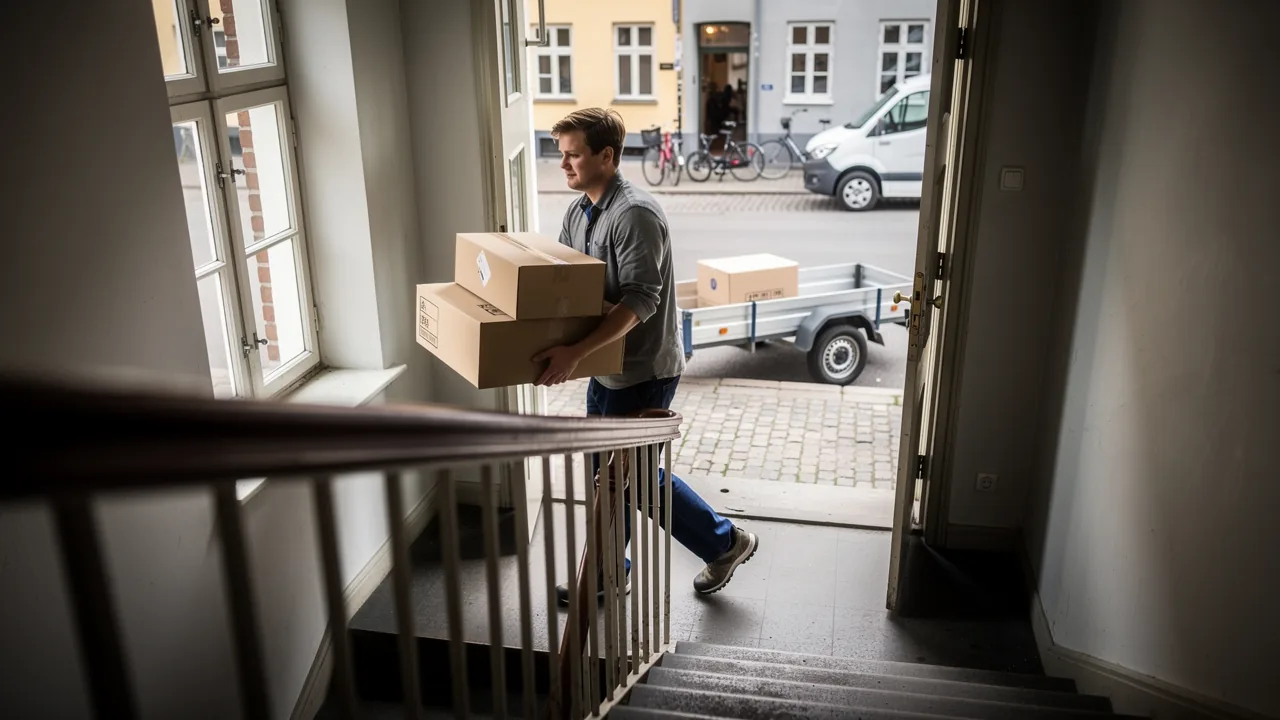 Ung flyttehjælper bærer flyttekasser ned ad en trappeopgang til en varevogn med trailer