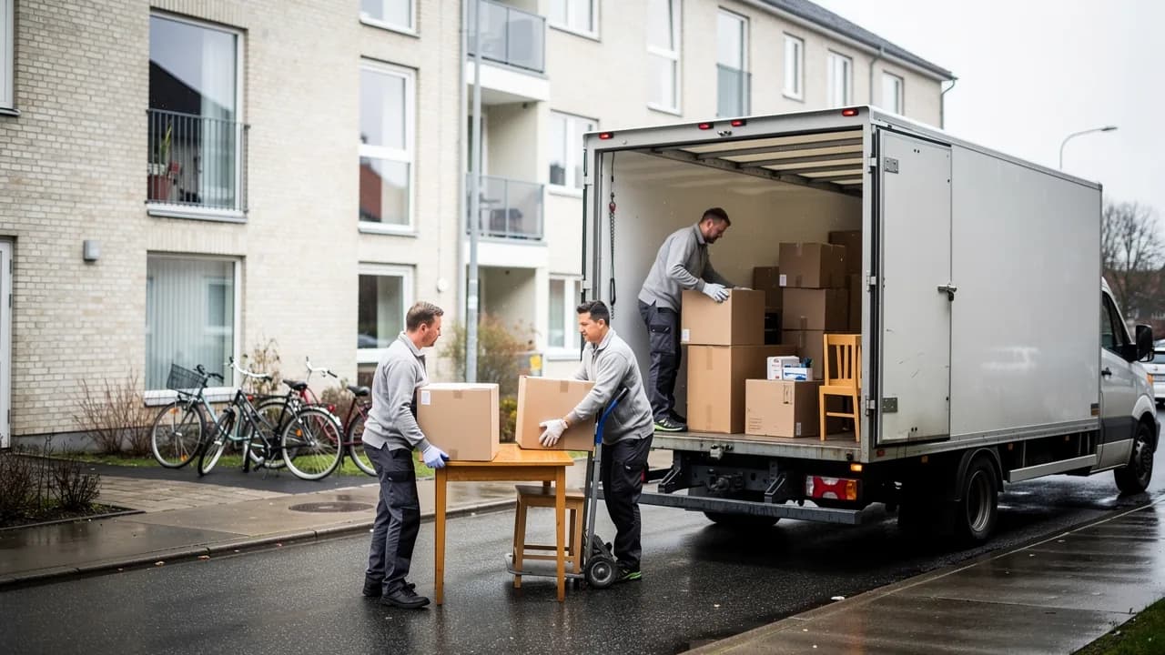 To flyttemænd bærer en sofa ind i en hvid flyttebil foran en dansk etageejendom