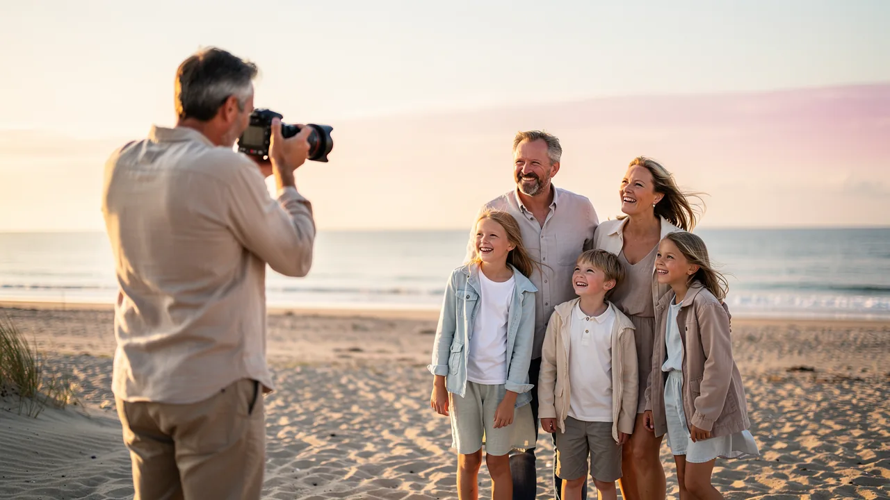 Fotograf tager portrætter af en familie på en dansk strand i aftenlys med kamera hævet