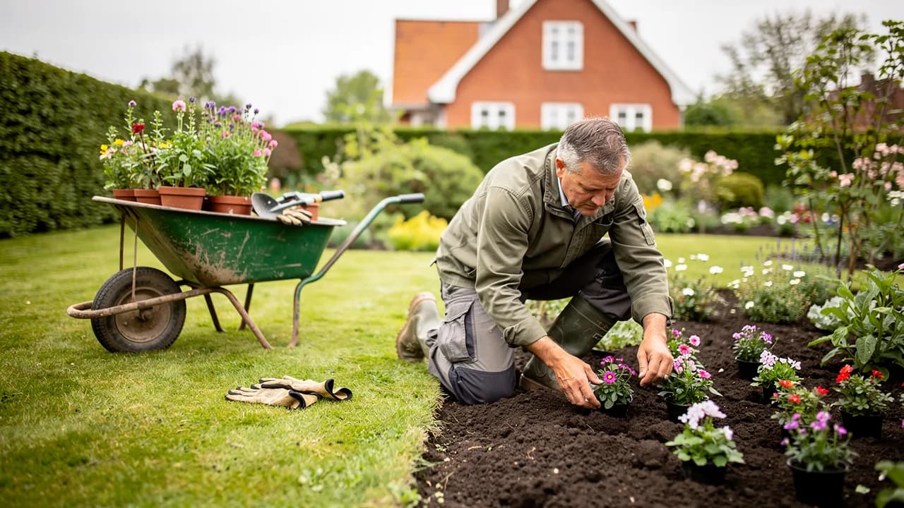 Gartner planter stauder i et bed med trillebør og handsker ved siden af i en velholdt have