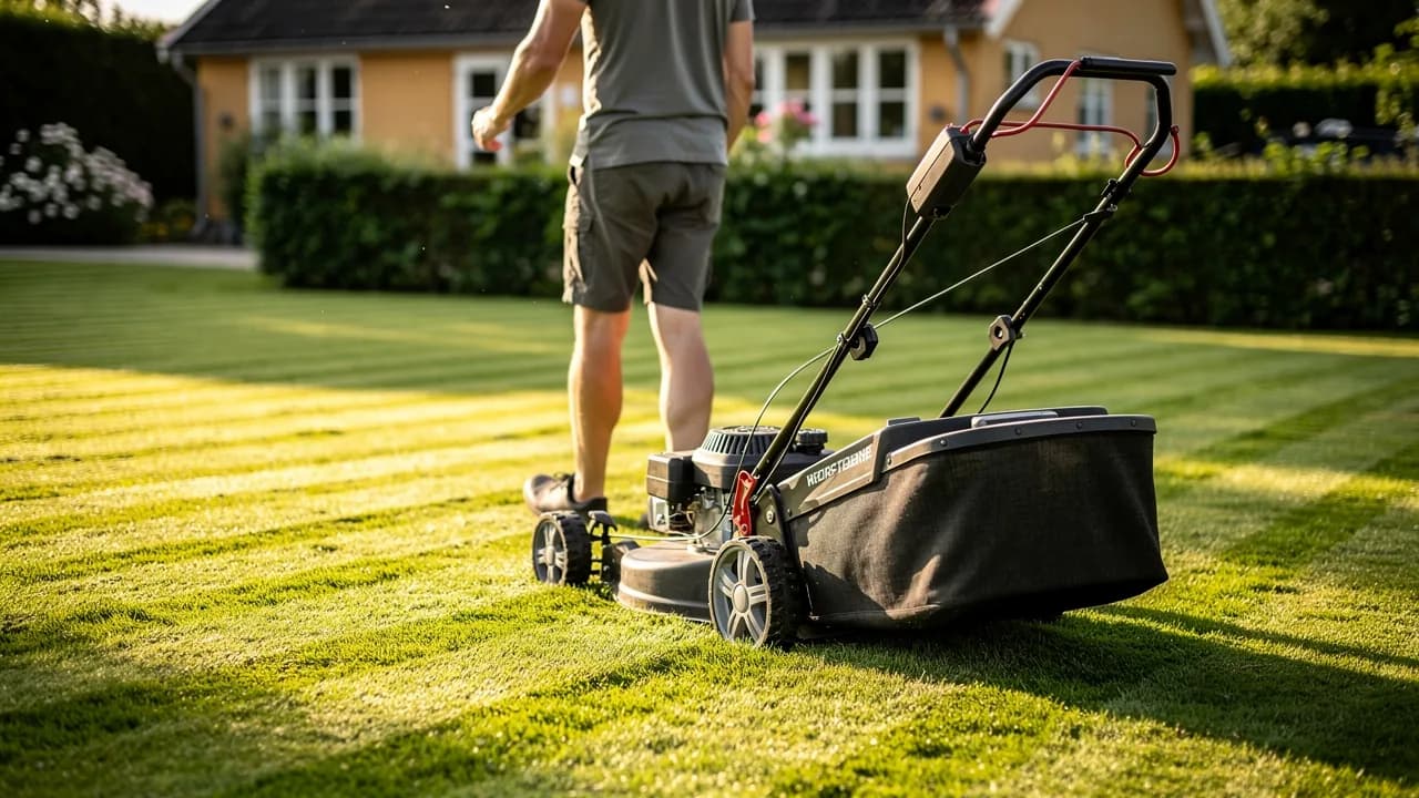Person slår en stor grøn græsplæne med benzinplæneklipper, lige baner i græsset