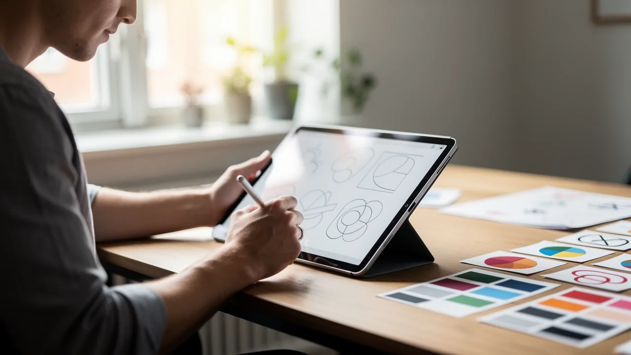 Grafisk designer skitserer logoidéer på en tablet ved et skrivebord med farveprøver og trykte prøver