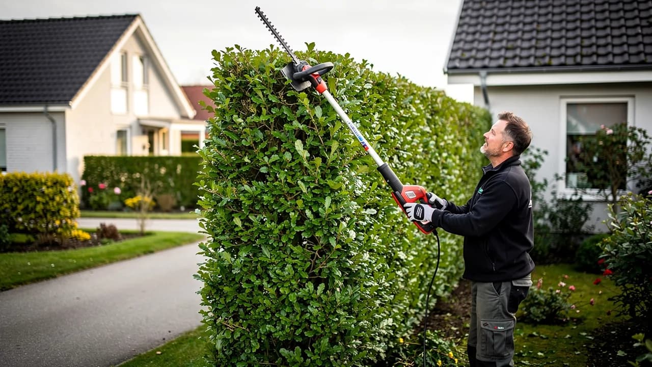 Gartner klipper en høj grøn bøgehæk med elektrisk hækklipper i et dansk parcelhuskvarter