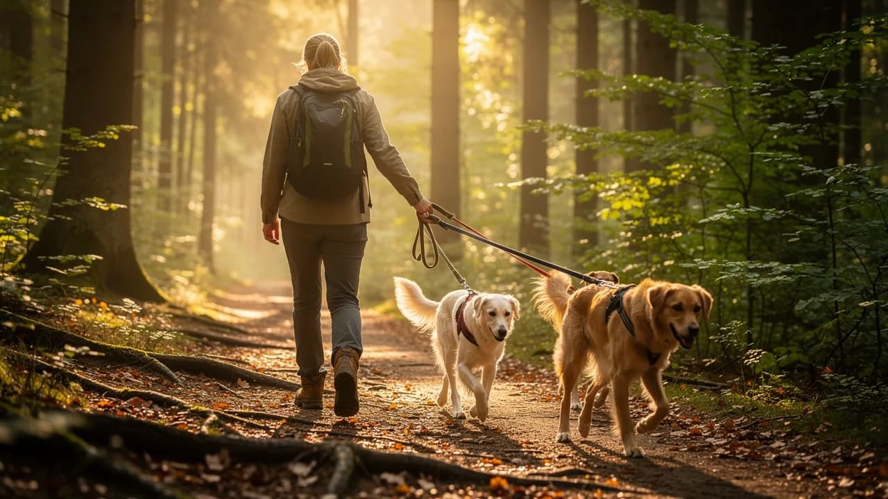 Hundelufter går med tre hunde i snor ad en skovsti i morgenlys