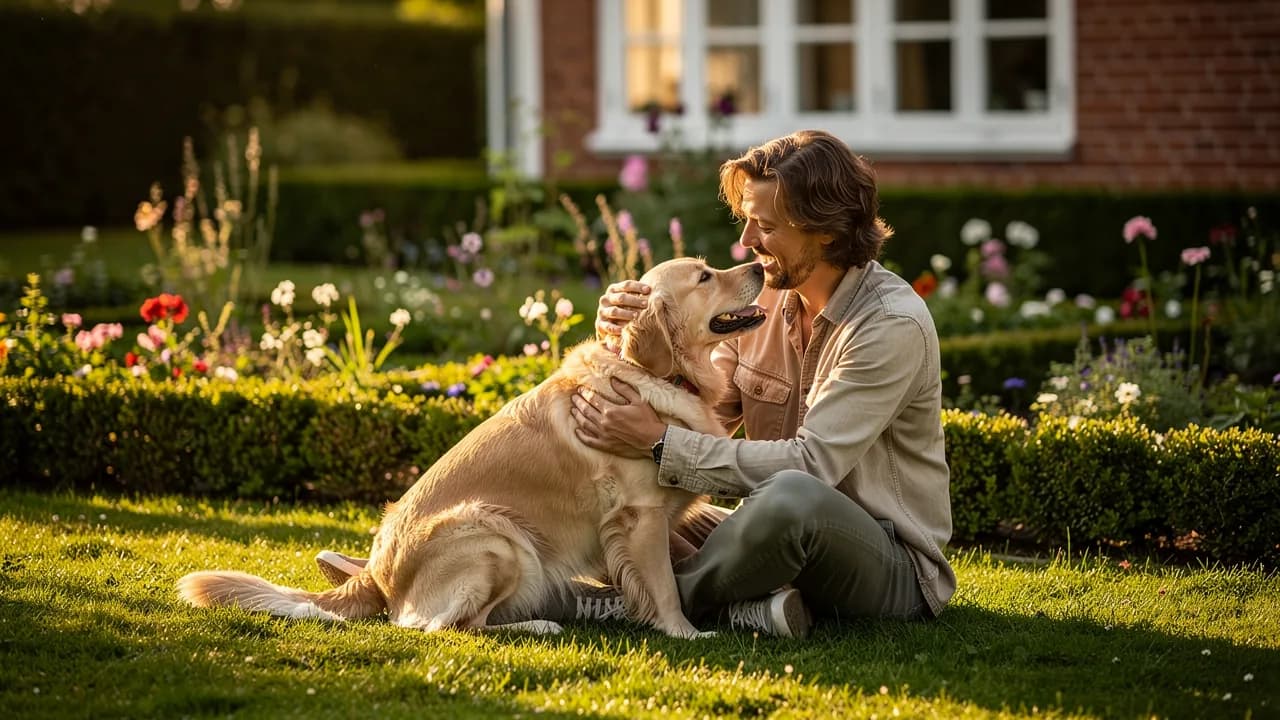 Hundepasser sidder på en græsplæne i en dansk have og krammer en golden retriever i eftermiddagssol