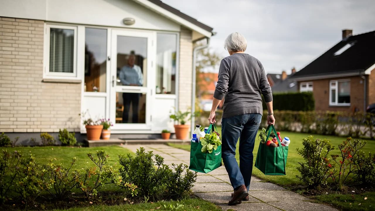 Hjælper bærer indkøbsposer op til hoveddøren hos en ældre person i et dansk parcelhuskvarter