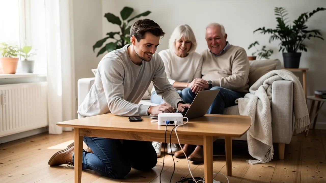 IT-hjælper viser et ældre ægtepar, hvordan den nye router og en tablet sættes op i deres stue
