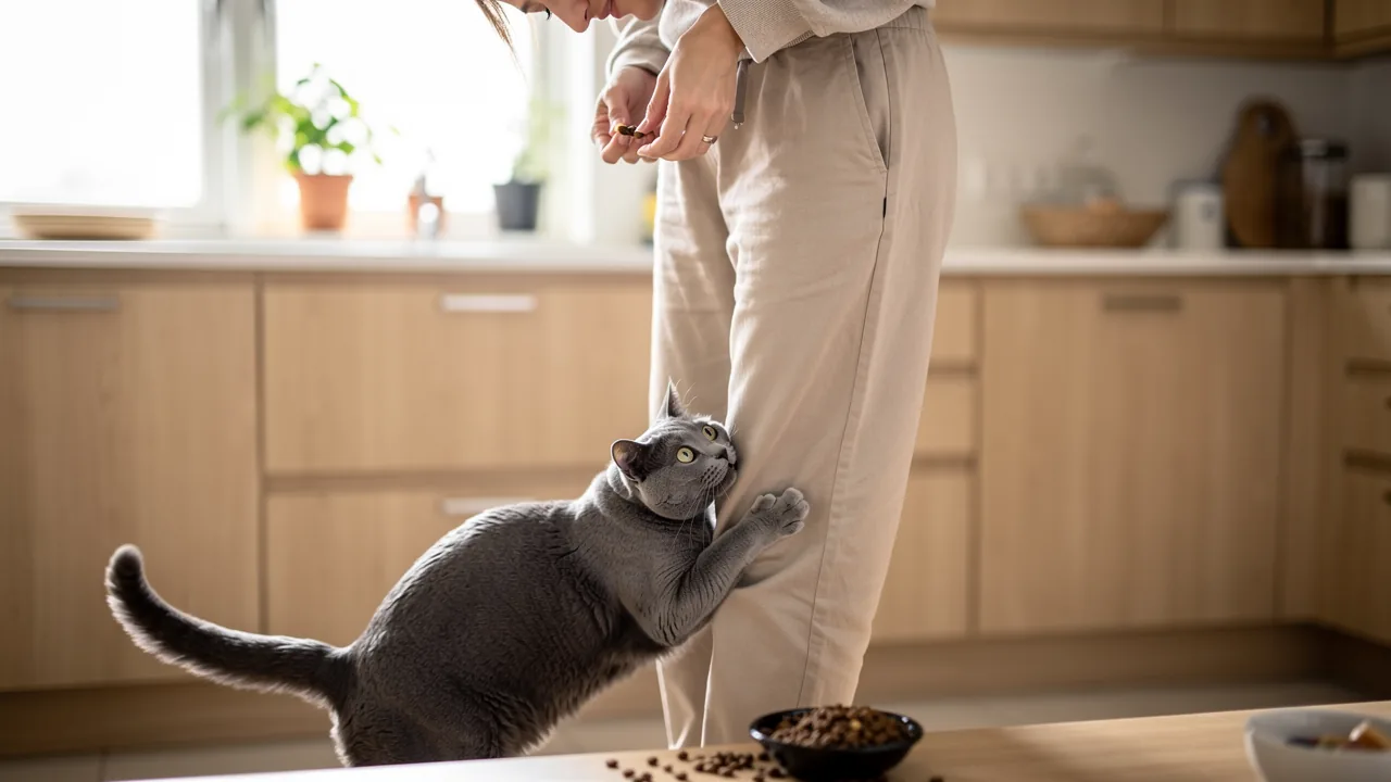 Kattepasser fodrer en grå kat i et lyst køkken, mens katten gnider sig op ad hendes ben