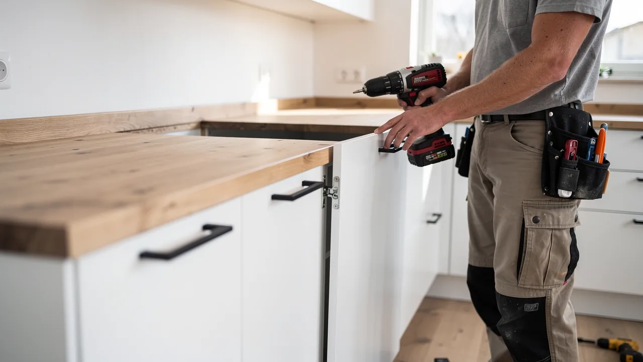 Køkkenmontør sætter et overskab i vater med vaterpas i et nyt hvidt køkken