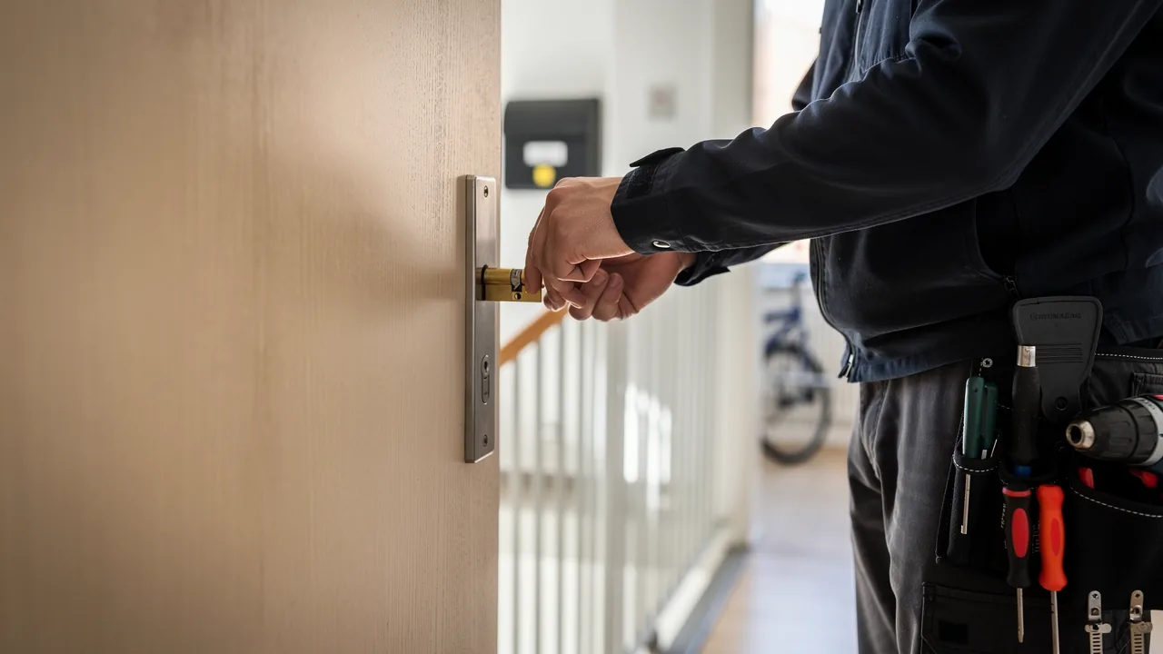 Låsesmed monterer en ny låsecylinder i en hoveddør med værktøj i hånden