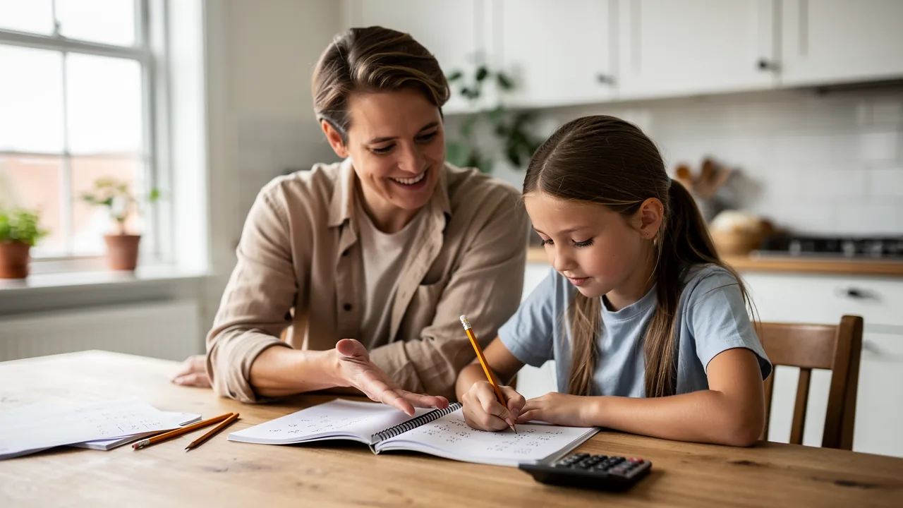 Privatlærer og skolepige regner matematikopgaver sammen ved et køkkenbord med notesbøger