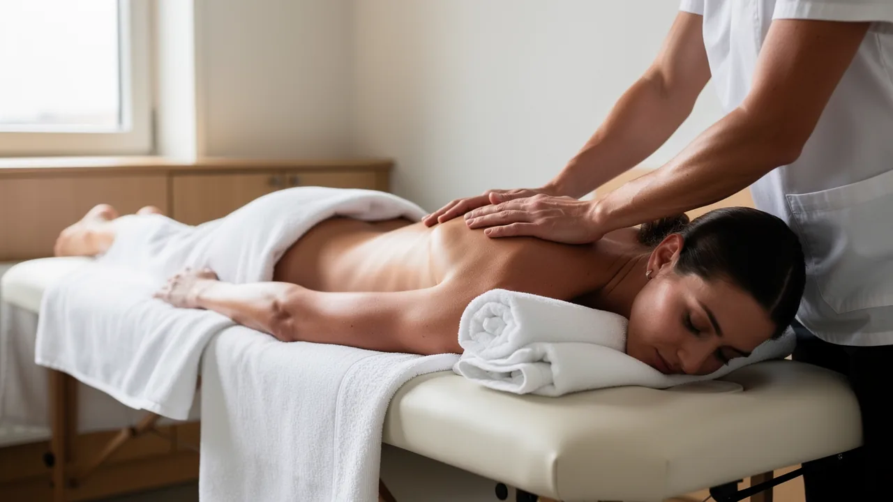 Massør giver rygmassage på en briks i en lys klinik med hvide håndklæder