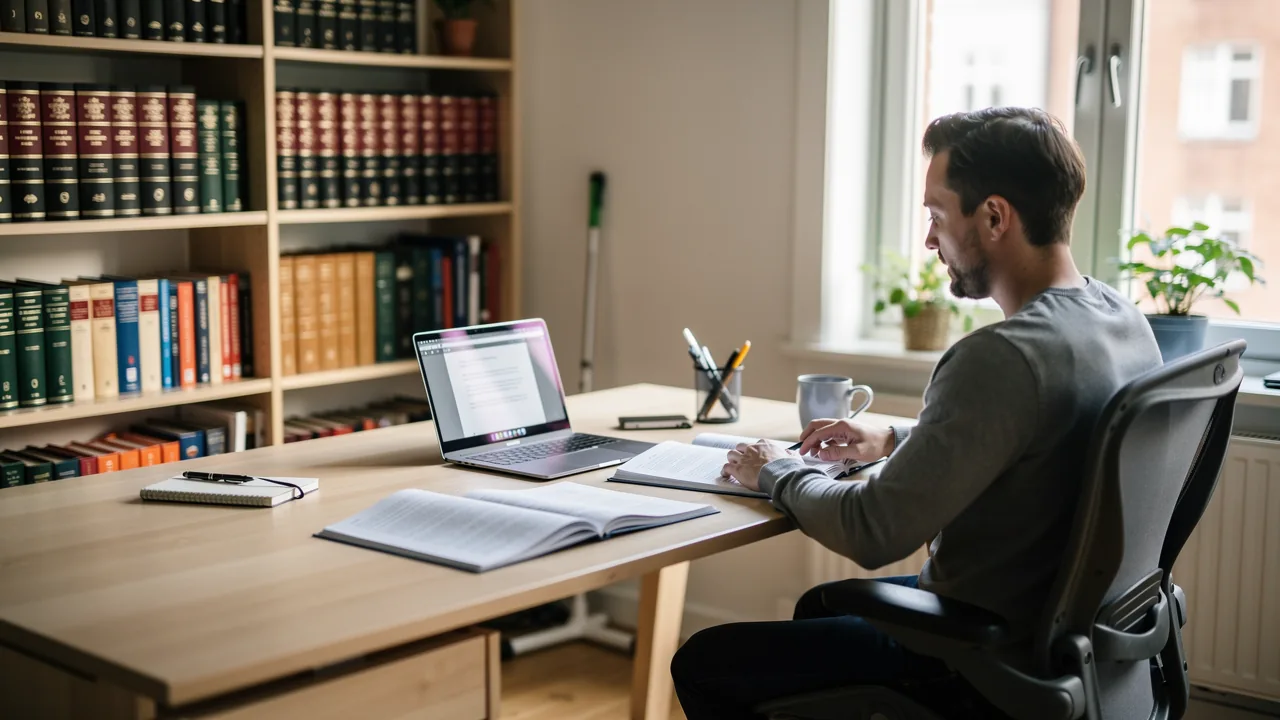 Oversætter arbejder med to dokumenter og en bærbar computer ved et ryddeligt skrivebord med ordbøger på hylden