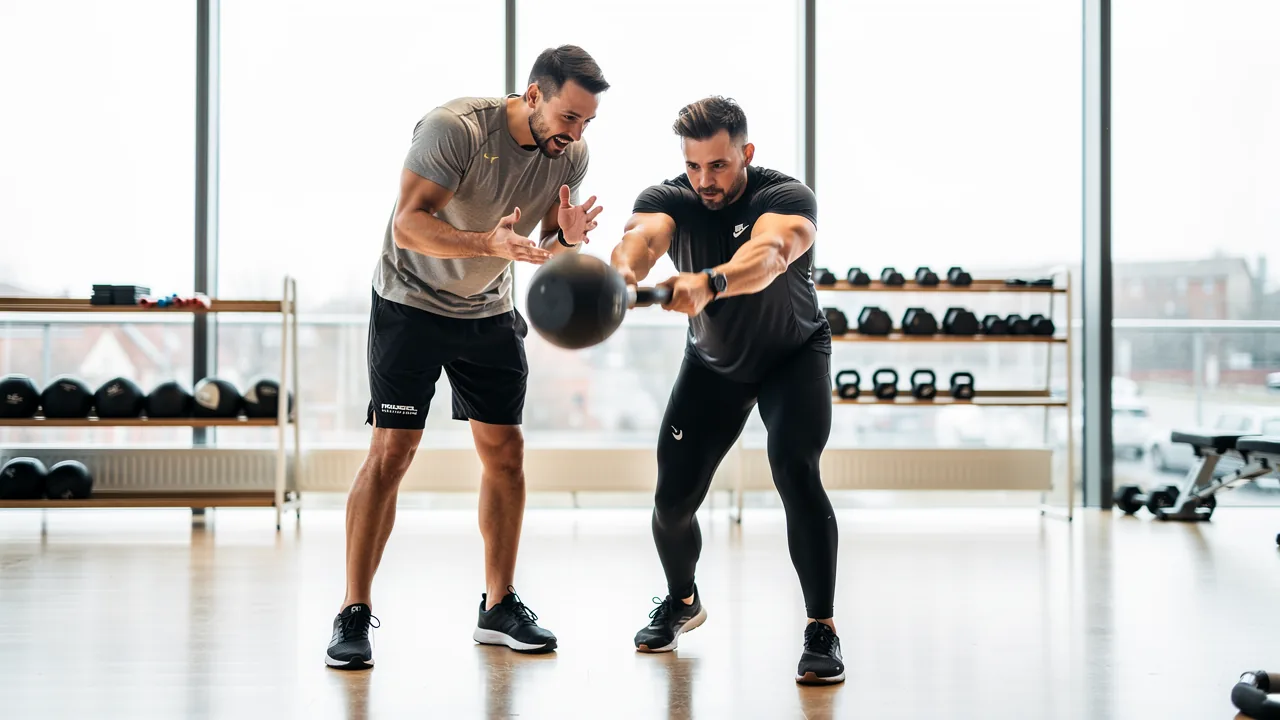 Personlig træner instruerer en kunde i kettlebell-øvelse i et lyst fitnesscenter