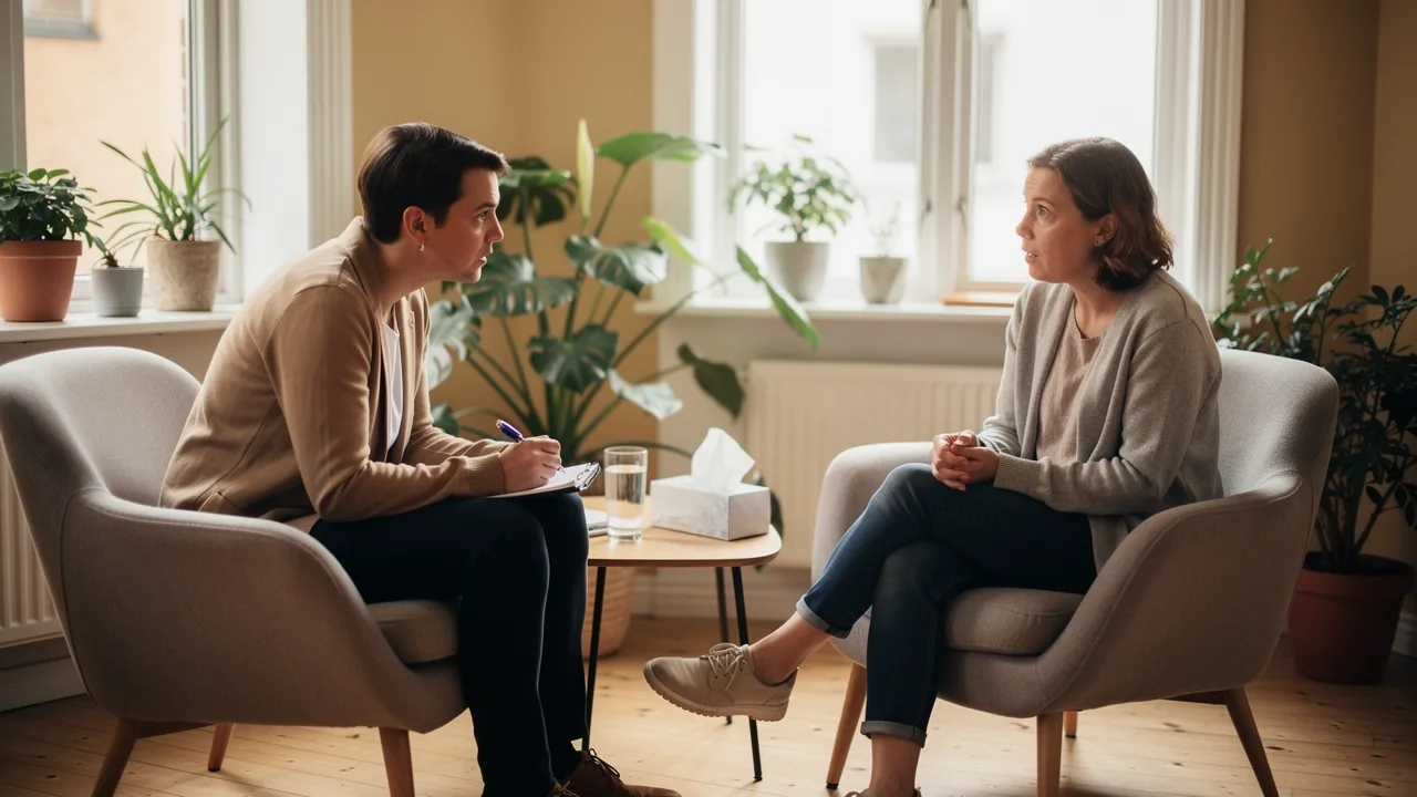 Psykolog og klient i samtale i et roligt konsultationsrum med lænestole og planter
