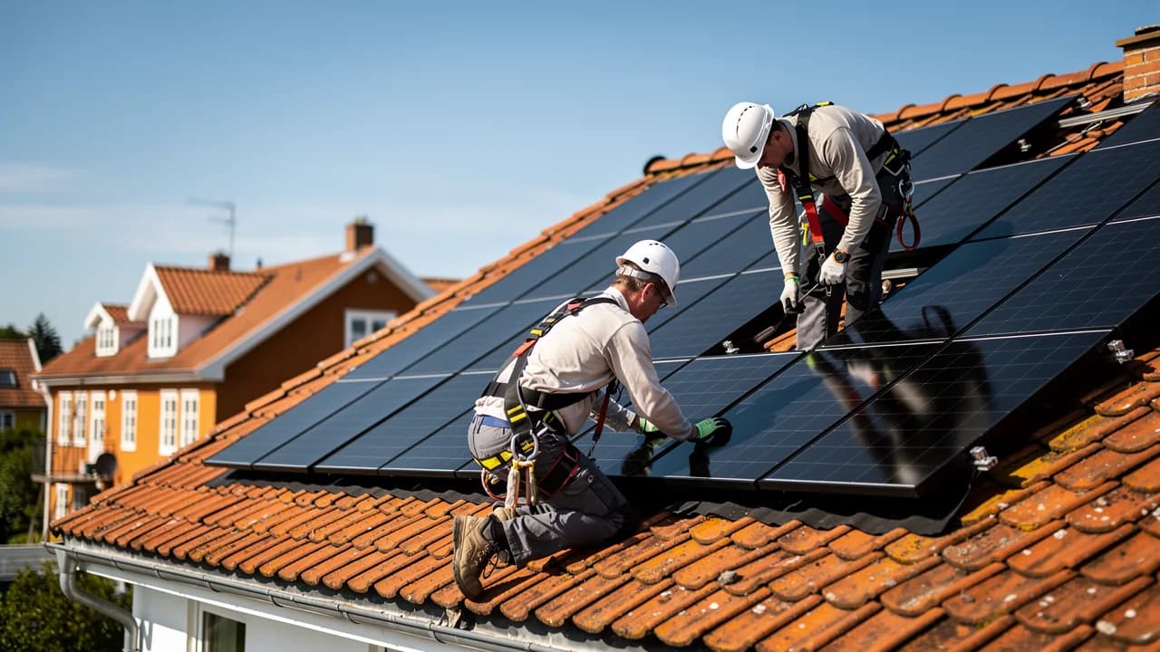 Installatører monterer sorte solcellepaneler på et rødt tegltag på et dansk hus under blå himmel
