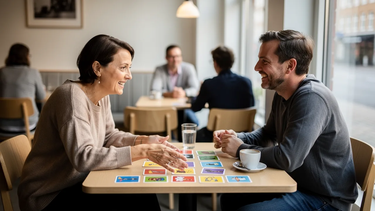 Sproglærer og voksen elev øver samtale med kort ved et cafébord