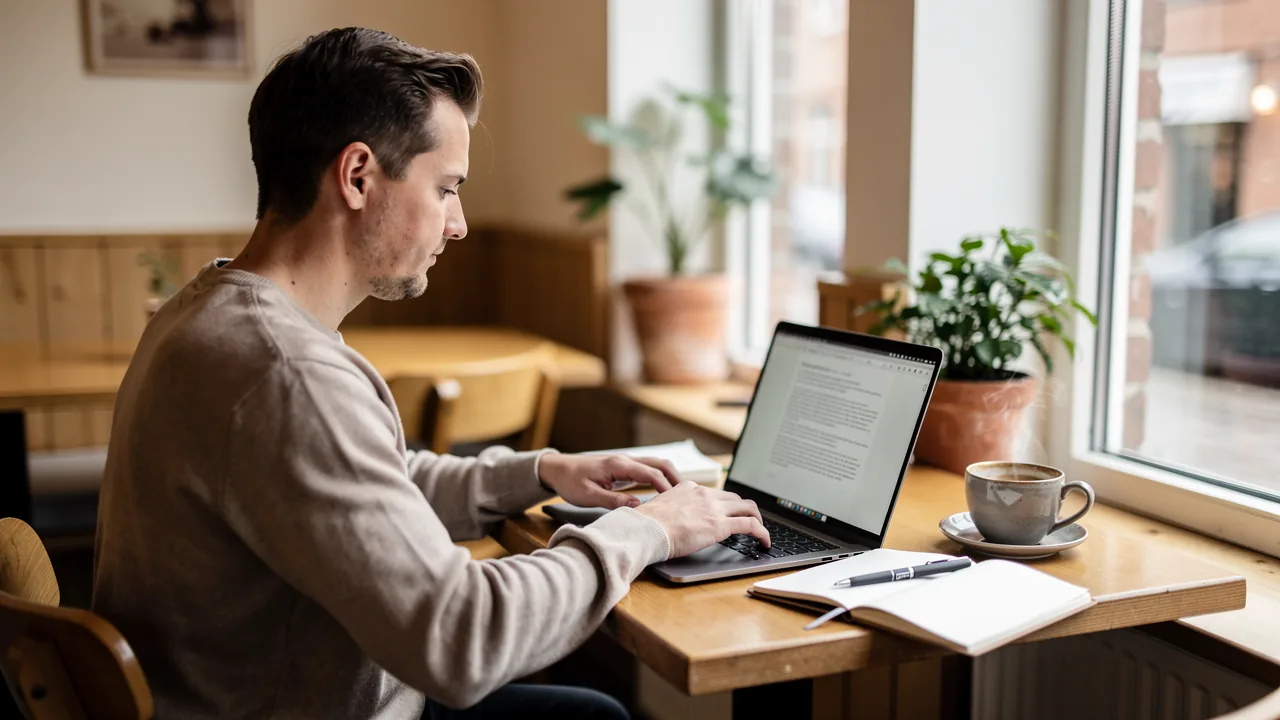 Tekstforfatter skriver på en bærbar computer i en hyggelig café med notesbog og kaffe ved siden af