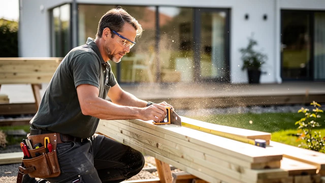 Tømrer måler op og skruer terrassebrædder fast på en underkonstruktion i en have