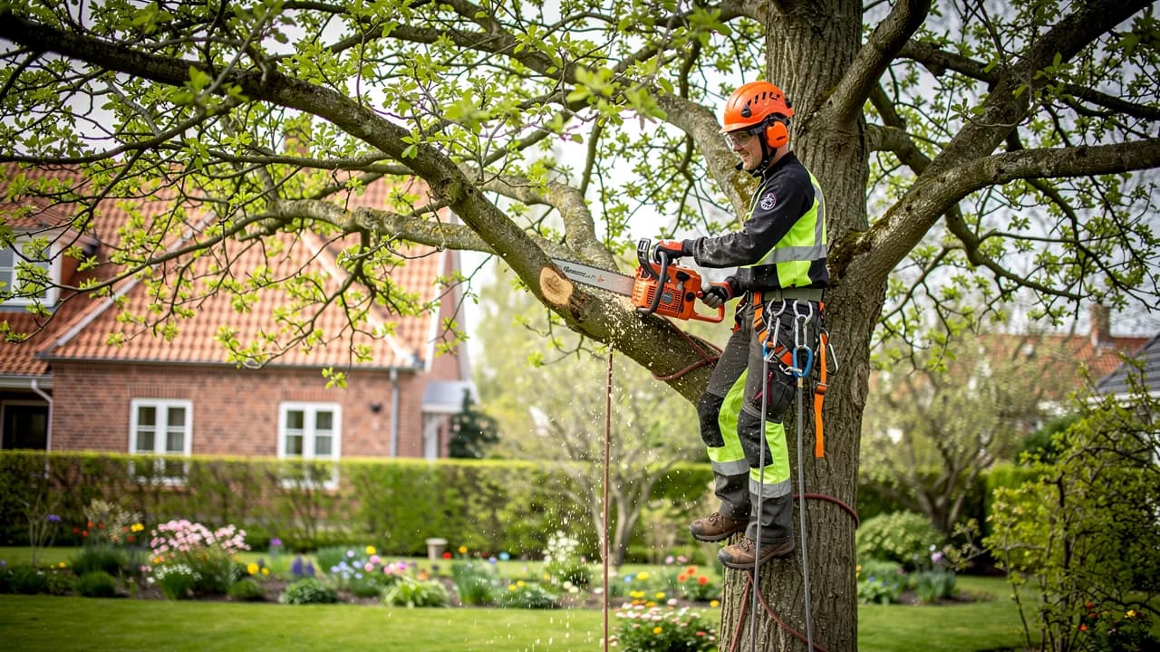 Arborist i klatresele saver grene af højt oppe i et stort træ med en have nedenunder