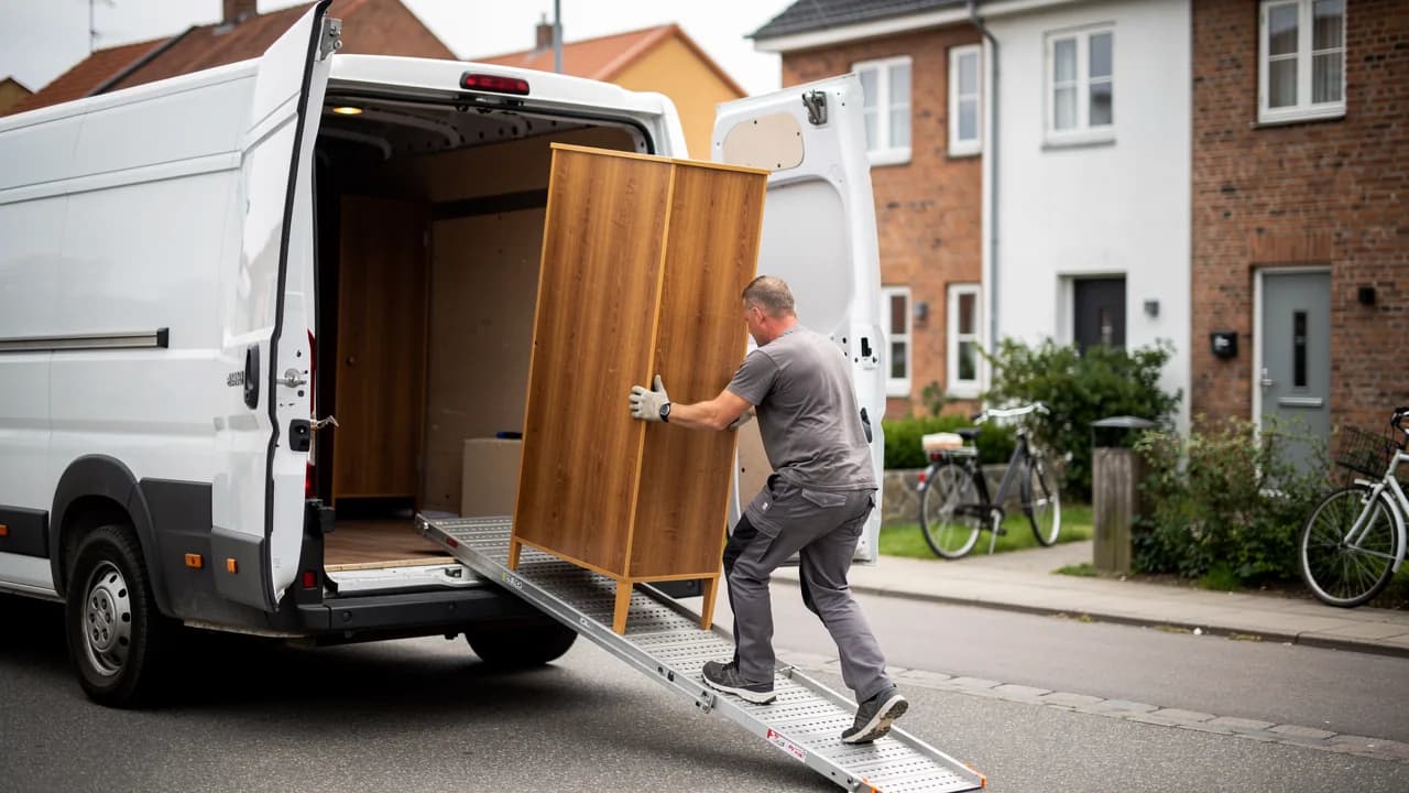 Chauffør læsser et skab ind i en hvid varevogn med rampe på en dansk villavej