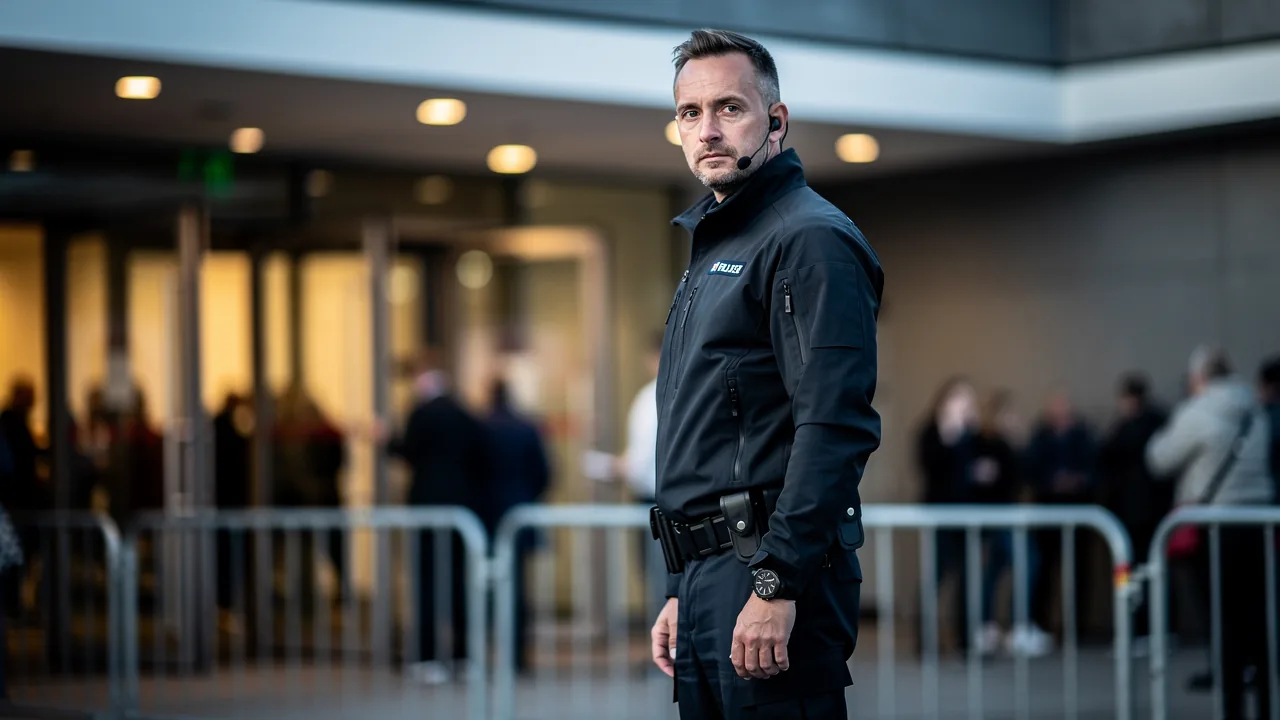 Uniformeret vagt står ved indgangen til et festlokale og tjekker gæster om aftenen