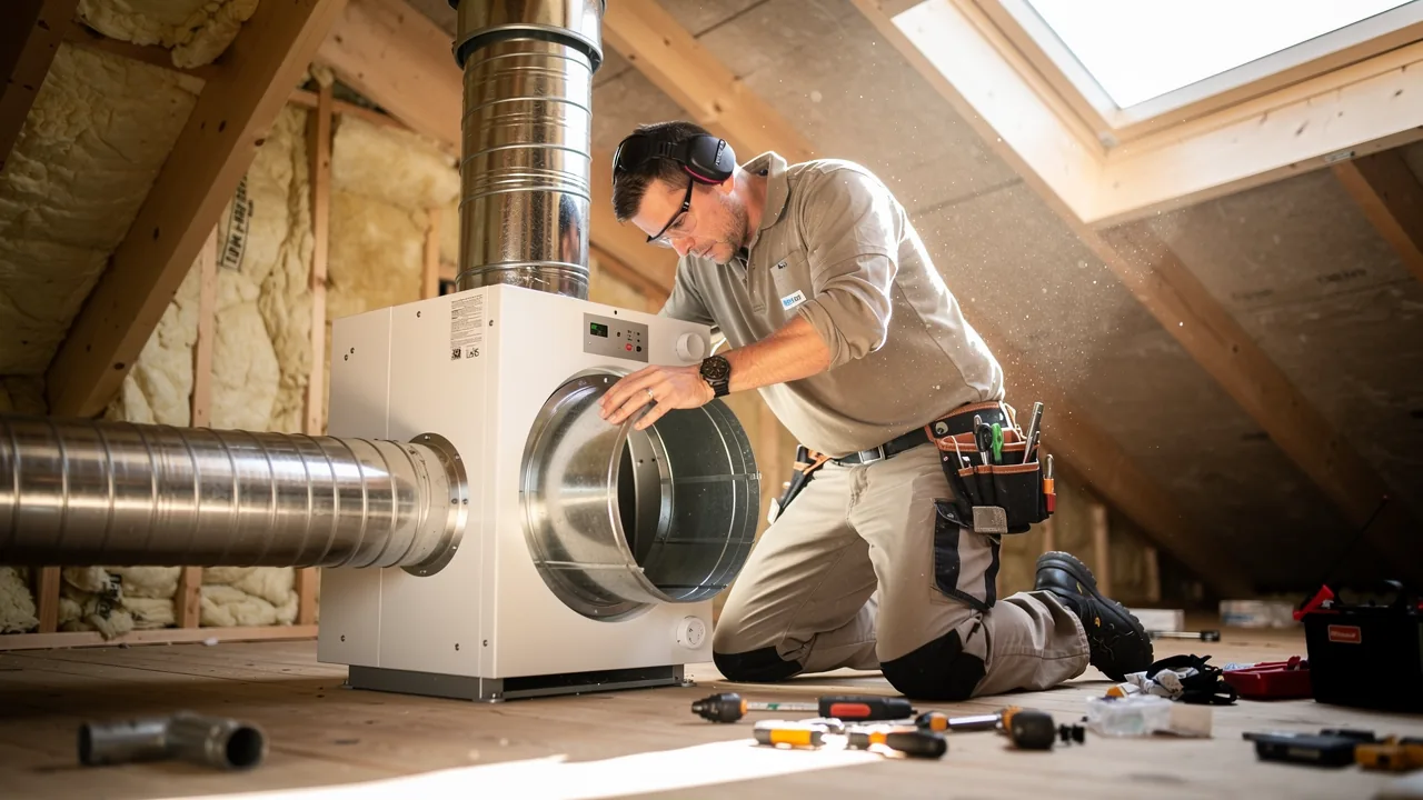 Ventilationsmontør monterer et aggregat med varmegenvinding og runde stålkanaler på et loft