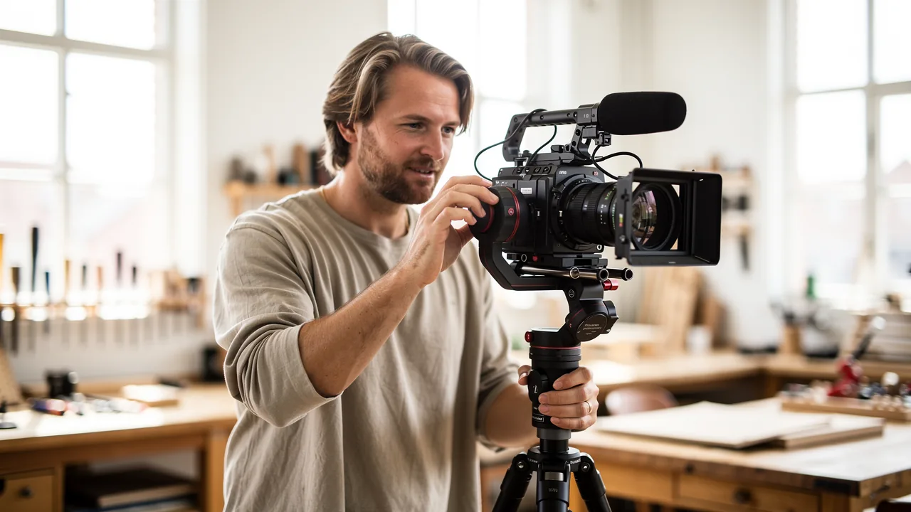 Videograf filmer med kamera på gimbal i et lyst værksted med blødt dagslys