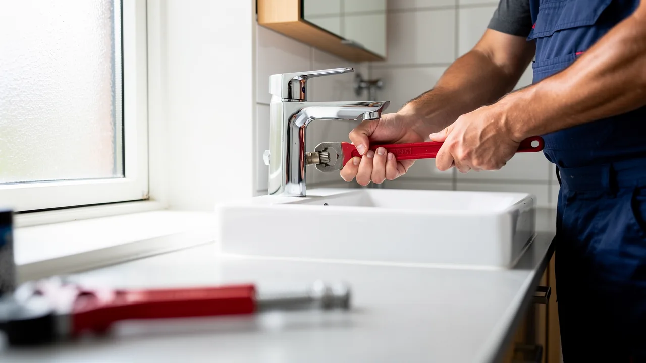 VVS-installatør tilslutter et nyt blandingsbatteri på en håndvask i et moderne badeværelse